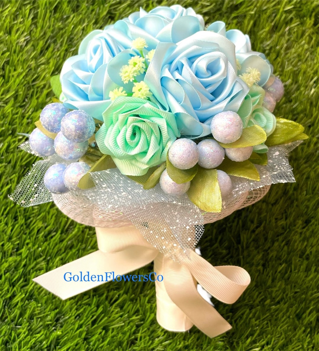 Handmade Ribbon Rose Bouquet: Ivory, Mint Green & Blue - Etsy