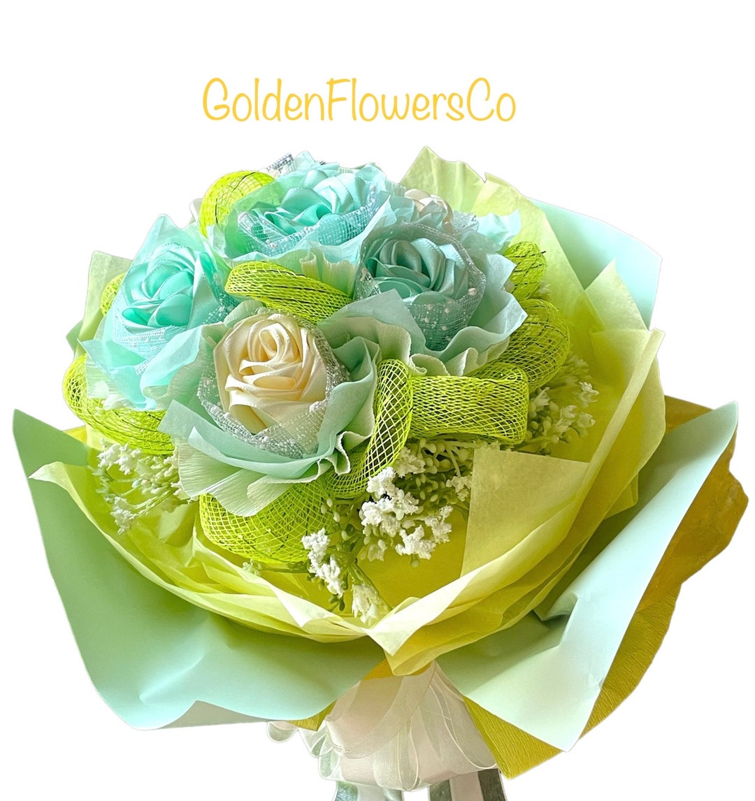 Everlasting Ivory Mint Green Ribbon Roses Bouquet Gift Etsy