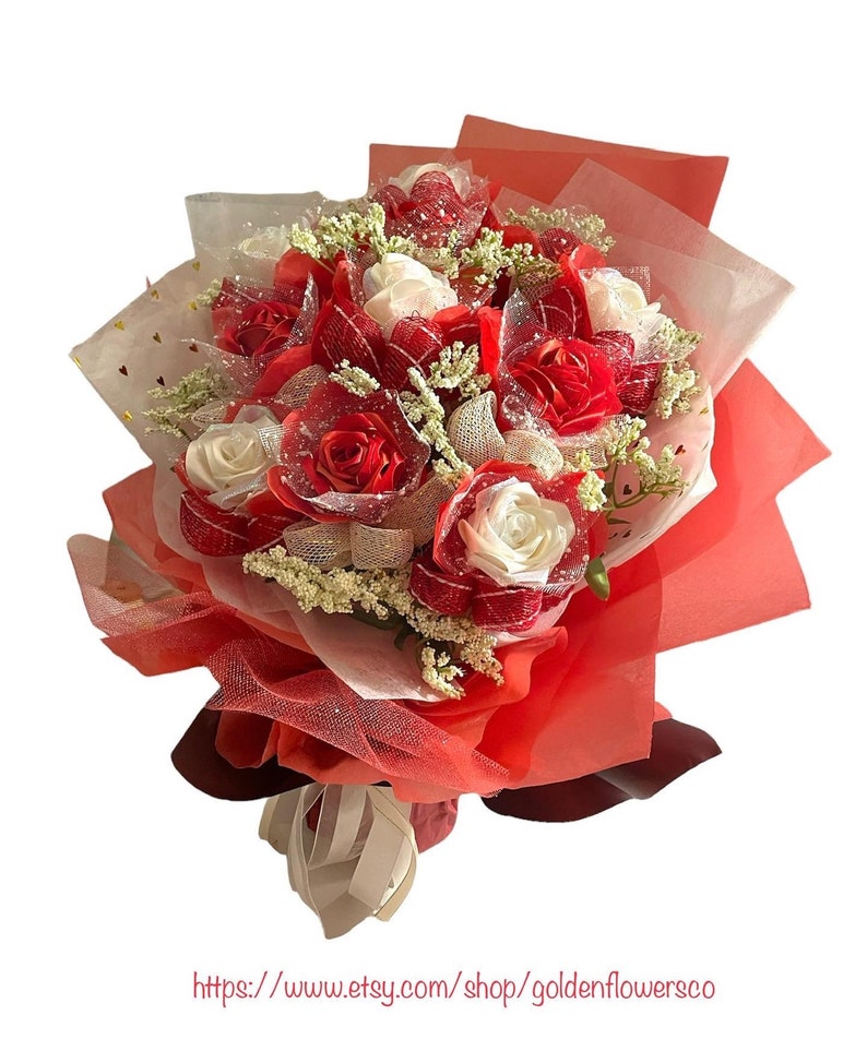Everlasting Dozen Red and White Ribbon Roses Bouquet Wrapped Hong Kong