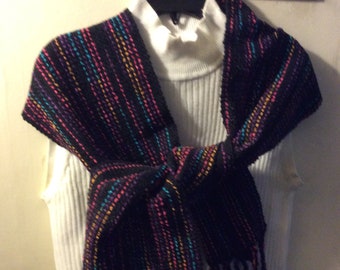 Custom Hand Woven Black with Rainbow Windows:  Cotton and Rayon Boucle. No Wool