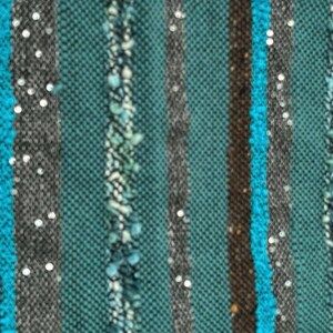 May include: Teal, brown, and silver striped fabric with a textured woven pattern. The fabric has a subtle shimmer from the silver thread.