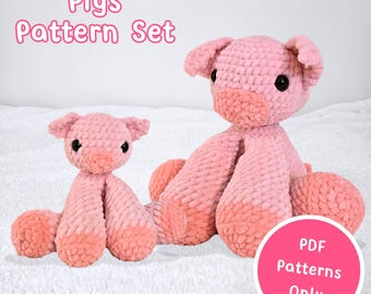May include: Two pink crochet pig stuffed animals. The pigs have black eyes and are in a sitting position. The text "Pigs Pattern Set" is at the top of the image. A pink circle with the text "PDF Patterns Only" is at the bottom.