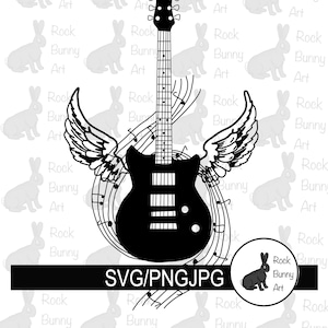 Gevleugelde elektrische gitaar Svg-bestand, elektrische gitaar met muzieknoten, gitaar illustraties, cutfile voor cricut en silhouet, Svg, png, sublimatie