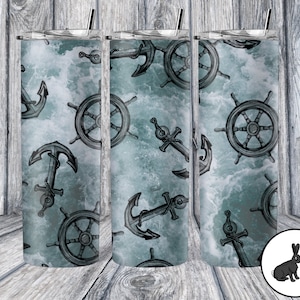 Nautical anchor 20oz tumbler design, ship wheel vintage tumbler wrap sublimation ong, commercial use, instant download