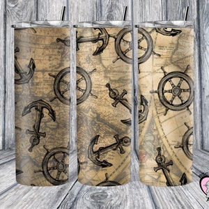 Nautical anchor 20oz tumbler design, ship wheel vintage map tumbler wrap sublimation ong, commercial use, instant download