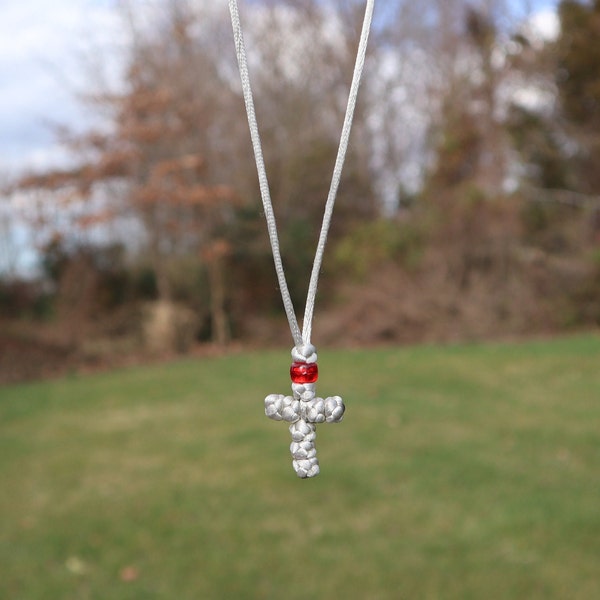 Handmade Gray Knotted Greek Cross Necklace with Red Bead (from Thessaloniki, Greece)