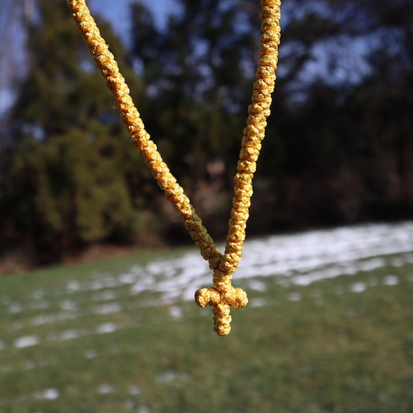 Handmade Small Yellow Knotted Greek Cross Necklace w/ Clear Beads (from Thessaloniki, Greece)