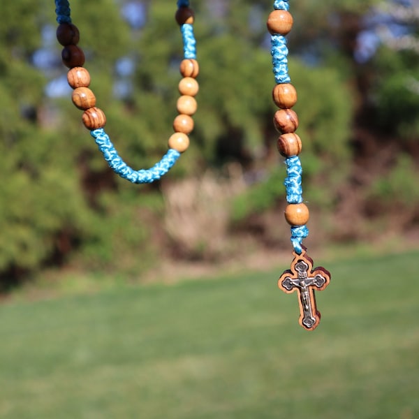 Handmade Blue Knotted Greek Orthodox Cross Necklace with Wood Beads (from Thessaloniki, Greece)