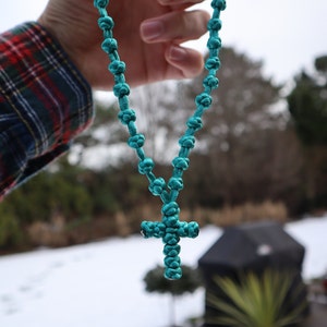 Handmade Small Light Blue Knotted Greek Cross Necklace (from Thessaloniki, Greece)