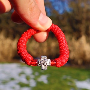 Handmade Adjustable Greek Light Red & Silver Knotted Prayer Bracelet (from Thessaloniki, Greece)