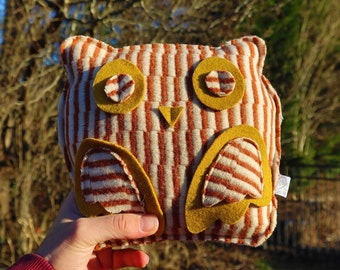 Handmade Gold w/ Red & White Stripes Owl Pillow (from Lisbon, Portugal)
