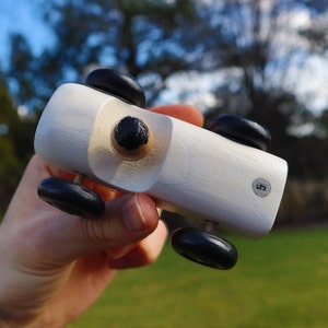 Handmade Italian White & Black Wooden Race Car Toy (from Tuscany, Italy)