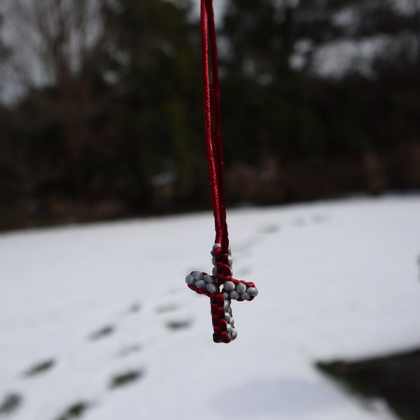 Handmade Red & White Adjustable Knotted Greek Cross Necklace (from Thessaloniki, Greece)