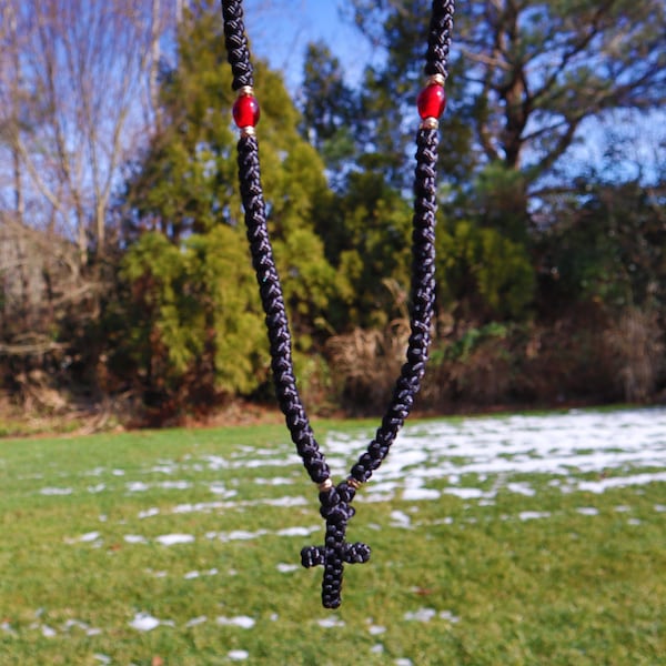 Handmade Black Knotted Greek Orthodox Cross Necklace with Red Beads (from Thessaloniki, Greece)