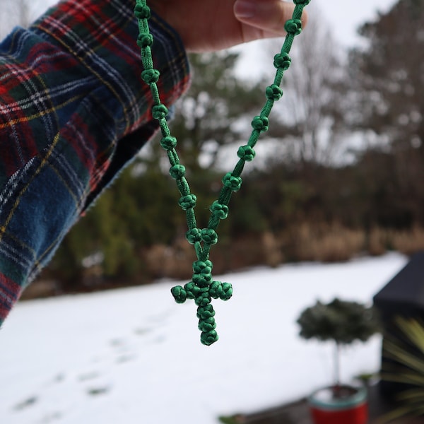 Handmade Small Light Green Knotted Greek Cross Necklace (from Thessaloniki, Greece)