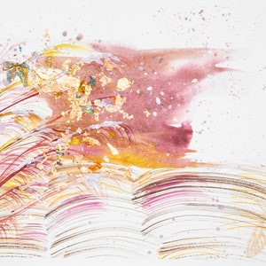 May include: Abstract watercolor painting with pink, gold, and brown brushstrokes. The painting features a textured background with splattered paint and a delicate, layered design.