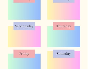 May include: A rainbow-colored weekly planner with a whimsical design. The planner has sections for each day of the week, Monday through Sunday, with space for notes and a weekly overview. The planner features a smiling sun and a flower with a happy face.