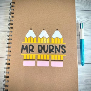 Personalised Teacher Notebook – A4 A5 A6 Kraft Journal with Pencils Design – Custom Gift for Teacher / Teaching Assistant
