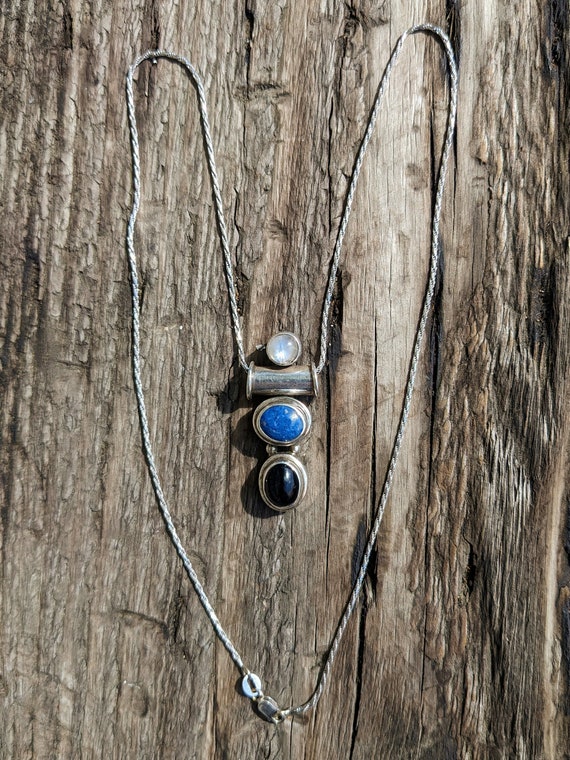 Vintage Sterling Silver Pendant | Rainbow Moonstone, Lapis Lazuli & Garnet View 2