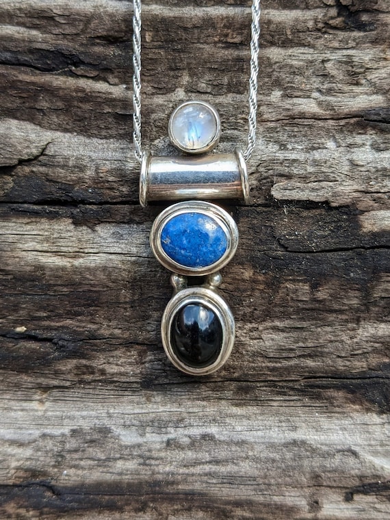 Vintage Sterling Silver Pendant | Rainbow Moonstone, Lapis Lazuli & Garnet