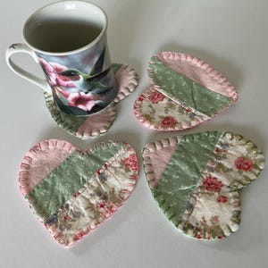 Set of 4 Quilt Coasters - Upcycled Handmade Quilt Coaster Set - Heart Coasters
