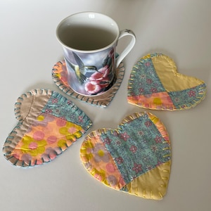 Vintage Quilt Coasters - Set of 4 Quilt Coasters - Upcycled Handmade Quilt Coaster Set - Heart Coasters