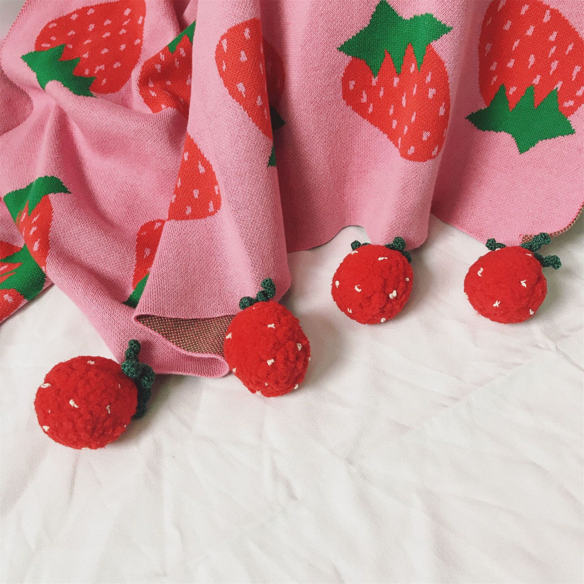 Strawberry Blanket Soft Cute Pom Pom Knitted Throw Etsy