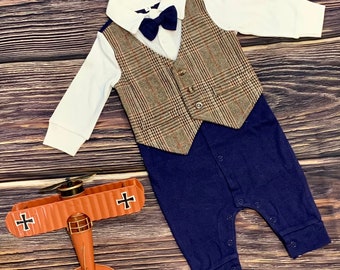 Brown and Blue Baby Patterned Boy Gentleman Bow-tie Bodysuit