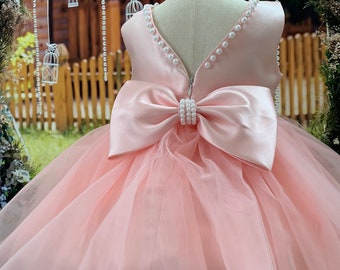 Soft Pink Baby Girl Tulle Pearl Dress - Birthday Dress
