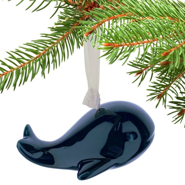 Blue Whale Ornament – Porcelain Art Hanging Figurine - Hand Glazed Christmas Ornament Holiday Gift Marine Ocean Life Beach Theme Decoration