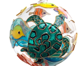 Cloisonne Sea Turtle Glass Ball Ornament - Sea Animals and Fish detailed on Mouth Blown Glass