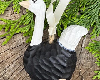 Ostrich Christmas Tree Ornament – Wood Carved Art Hanging Holiday Figurine Decoration