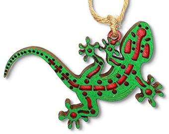 Gecko Lizard Christmas Tree Ornament, Handcrafted Wood Holiday Keepsake - Made in the USA