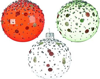 Transparent Glitter Dots Blown Glass Ornaments - Set of 3 Red, Green, and Clear