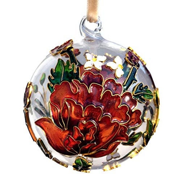 Cloisonne Red Rose Ornament  - Highly Detailed Floral on Mouth Blown Glass Ball Decoration