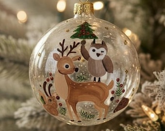Deer Owl Glass Ornament - European Mouth Blown Animals Ball Holiday Christmas Tree Decoration, Woodland Animals on Clear Bauble Hand-Painted