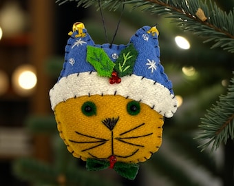 Cat Ornament - Tabby Head Christmas Tree Decoration, Wool Felt Embellished Hand Embroidered - Handmade Detailed Embroidery and Beading Gift