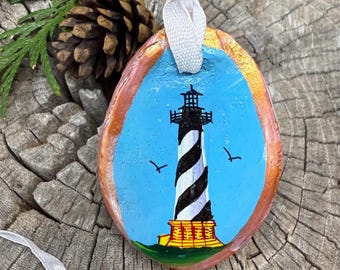 Cape Hatteras Ornament - Hand Painted Oyster Shell Christmas Tree Holiday Light House Beach Decoration