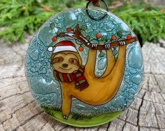 Sloth Christmas Decoration - Art Glass Light Catcher Glass Ornament Animal with Santa Hat Holiday Gift