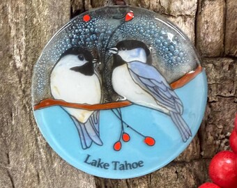 Lake Tahoe Christmas Tree Ornament - Art Glass Light Catcher Chickadee Holiday Decoration - Bird Couple Lake Beach Ski Resort Town