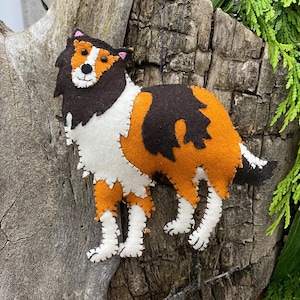 Collie Dog Ornament - Wool Embellished Hand Embroidered Collie Dog - Handmade Detailed Embroidery and Beading Gift