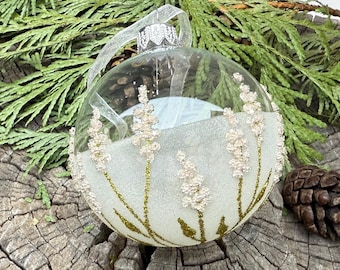 Blossoms Blown Glass Ornament - European Mouth-Blown Hand Painted Clear Glass Ball with Delicate Blush Pink Flowers