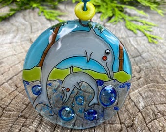 Dolphin Christmas Tree Ornament - Art Glass Light Catcher Glass Ornament Ocean Holiday Gift