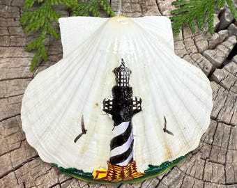 Cape Hatteras Ornament - Hand Painted Clam Shell Christmas Tree Holiday Light House Beach Decoration Seashell Lighthouse Coastal Decor Gift