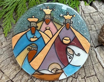 Wise Men Nativity Scene Christmas Tree Ornament - Art Glass Light Catcher, Artisan Handmade Bethlehem Magi Seek Him Holiday Religious Gift