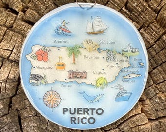 Puerto Rico Christmas Tree Ornament - Art Glass Light Catcher Holiday Map Hanging Decoration - Island Travel Gift
