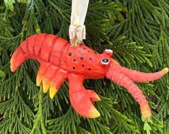 Lobster Christmas Tree Ornament – Wood Carved Coastal Art Hanging Holiday Figurine Decoration Red Coastal Crustacean Fishing Pot Maine Decor