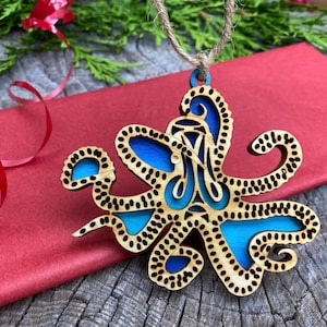 Octopus Coastal Christmas Tree Ornament, Handcrafted Wood Holiday Keepsake - Made in USA