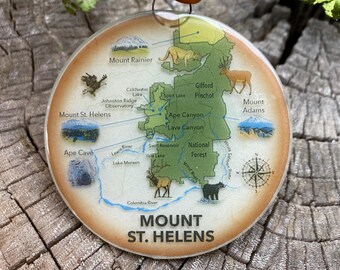 Mount St Helens Christmas Tree Ornament - Art Glass Light Catcher National Volcanic Monument Map Holiday Decoration