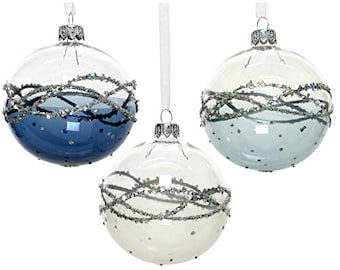 Coastal Blues Mouth Blown Glass Ornaments - Set of 3 White and Blue Glittering Glass Balls Made in Ukraine